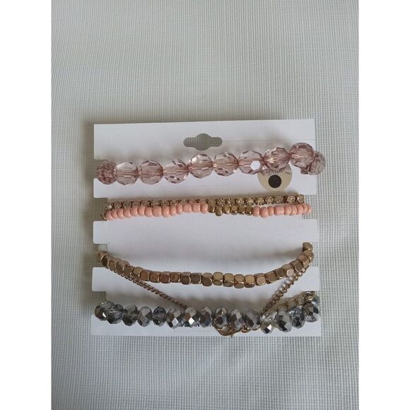 Charlotte Russe Set of 6 Gold Toned and Pink Assorted Beaded Elastic Bracelets - Picture 10 of 10